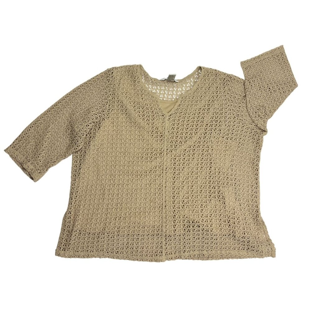 Napa Valley Size 2 X Woman Crochet Beige 3/4 Sleeve Open Cardigan Sweater